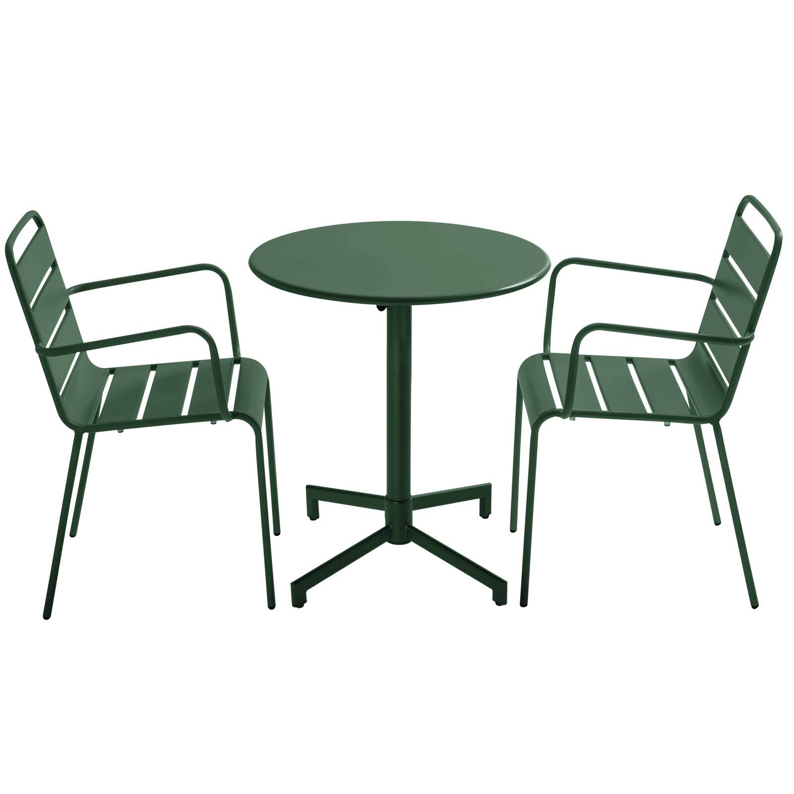 Table de terrasse bistrot ronde inclinable en métal avec pied encastrable 70x70 cm et 2 chaises avec accoudoirs