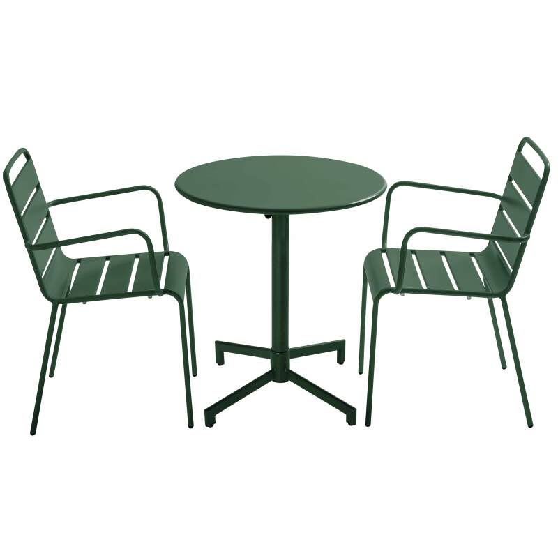Table de terrasse bistrot ronde inclinable en métal avec pied encastrable 70x70 cm et 2 chaises avec accoudoirs