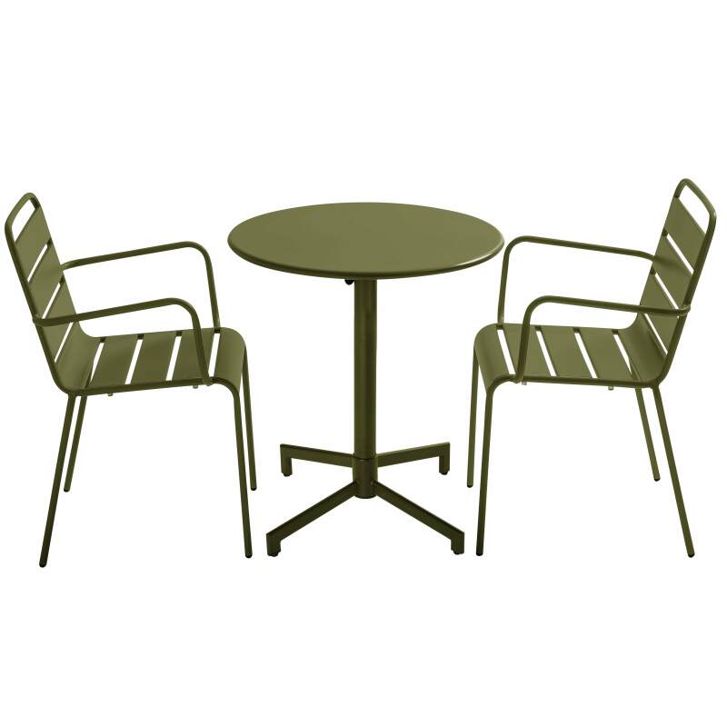 Table de terrasse bistrot ronde inclinable en métal avec pied encastrable 70x70 cm et 2 chaises avec accoudoirs