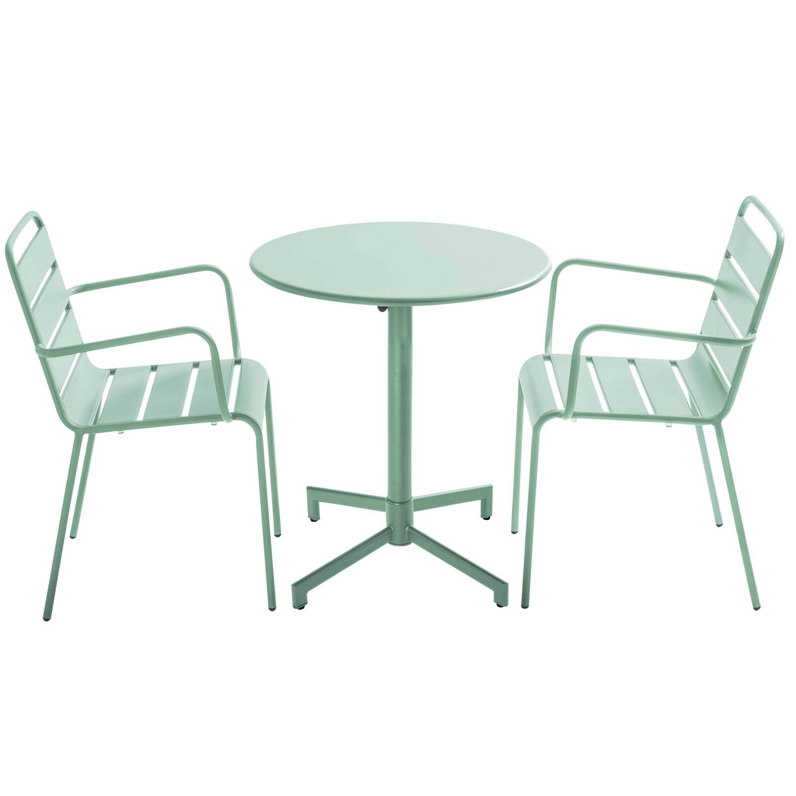 Table de terrasse bistrot ronde inclinable en métal avec pied encastrable 70x70 cm et 2 chaises avec accoudoirs