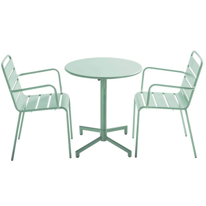 Table de terrasse bistrot ronde inclinable en métal avec pied encastrable 70x70 cm et 2 chaises avec accoudoirs