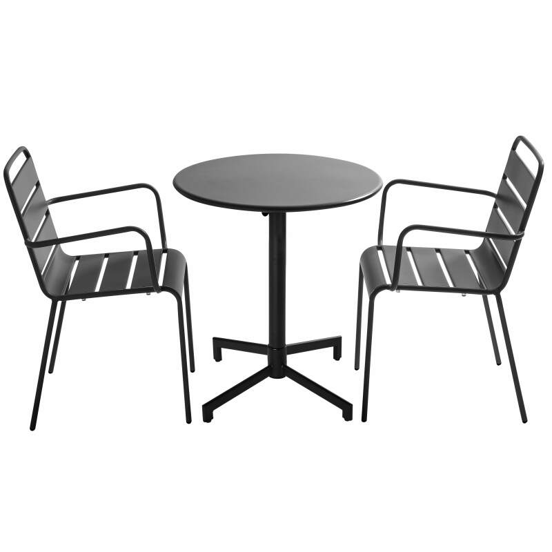 Table de terrasse bistrot ronde inclinable en métal avec pied encastrable 70x70 cm et 2 chaises avec accoudoirs