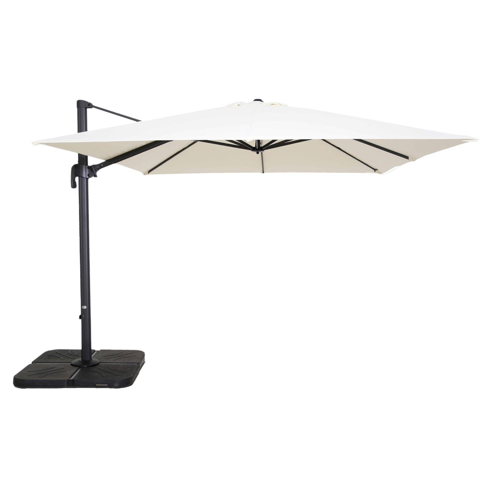Parasol déporté professionnel 3x3 m carré inclinable 250g/m² rotatif 360° et 4 dalles à lester remplissables