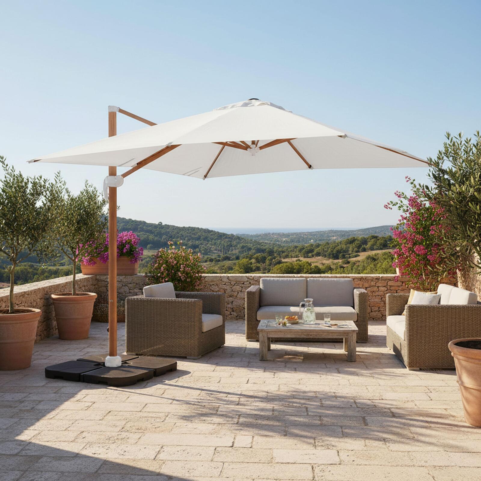 Parasol déporté professionnel 3x3 m carré inclinable 250g/m² inclinable rotatif 360° et 4 dalles à lester remplissables