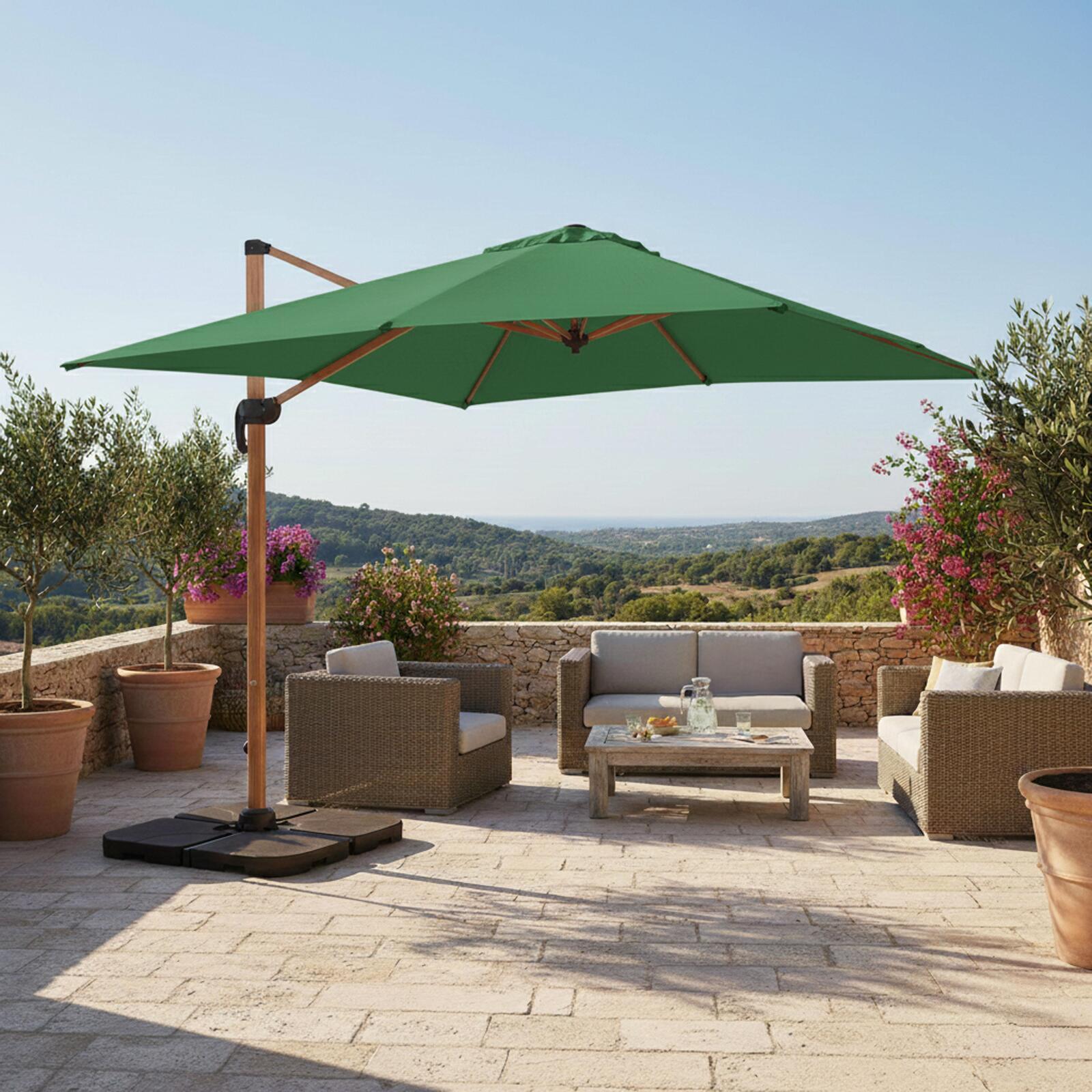 Parasol déporté professionnel 3x3 m carré inclinable 250g/m² inclinable rotatif 360° et 4 dalles à lester remplissables