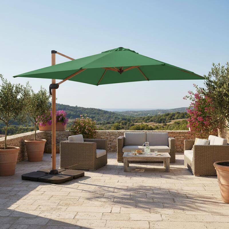 Parasol déporté professionnel 3x3 m carré inclinable 250g/m² inclinable rotatif 360° et 4 dalles à lester remplissables