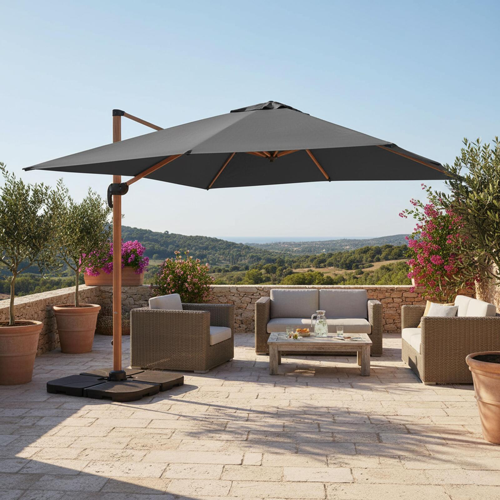 Parasol déporté professionnel 3x3 m carré inclinable 250g/m² inclinable rotatif 360° et 4 dalles à lester remplissables