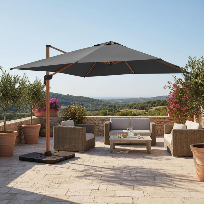 Parasol déporté professionnel 3x3 m carré inclinable 250g/m² inclinable rotatif 360° et 4 dalles à lester remplissables