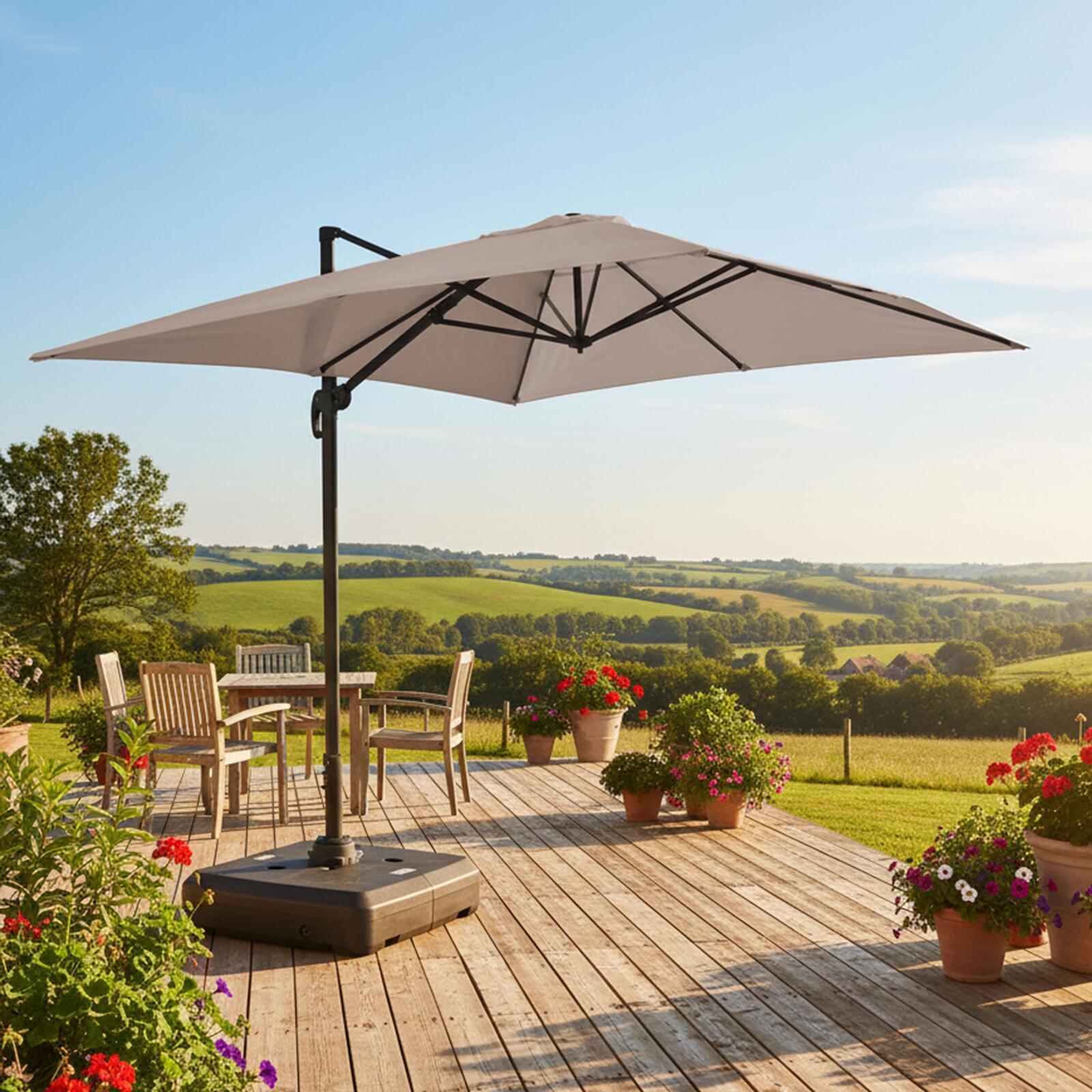 Parasol déporté professionnel 4x3 m rectangulaire inclinable 240g/m² rotatif 360° et dalle à lester sur roues 100L