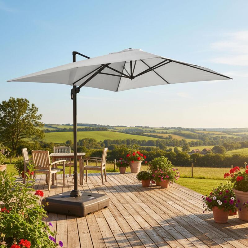 Parasol déporté professionnel 4x3 m rectangulaire inclinable 240g/m² rotatif 360° et dalle à lester sur roues 100L