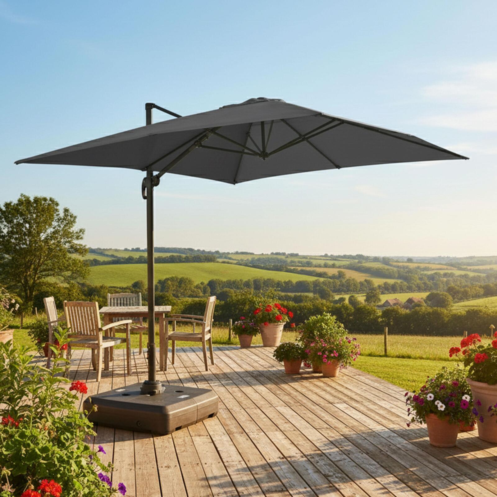 Parasol déporté professionnel 4x3 m rectangulaire inclinable 240g/m² rotatif 360° et dalle à lester sur roues 100L