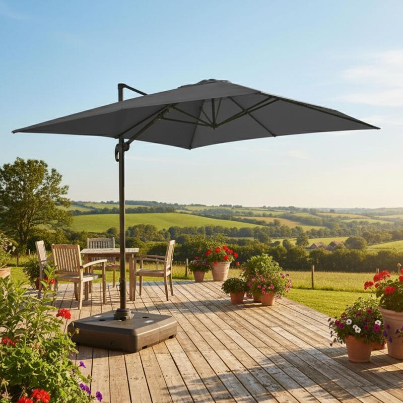 Parasol déporté professionnel 4x3 m rectangulaire inclinable 240g/m² rotatif 360° et dalle à lester sur roues 100L