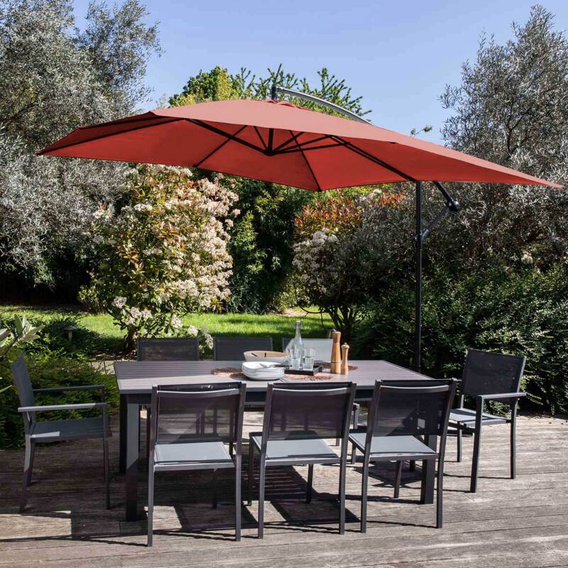 Parasol déporté professionnel 3x3 m carré 160g/m² et 4 dalles à lester remplissable