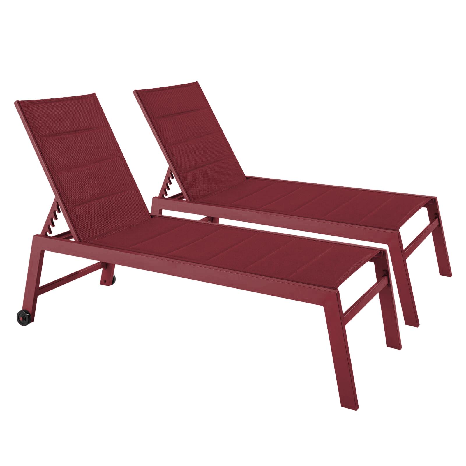 Transats professionnels aluminium et textilène inclinables 5 positions avec roues- Lot de 2