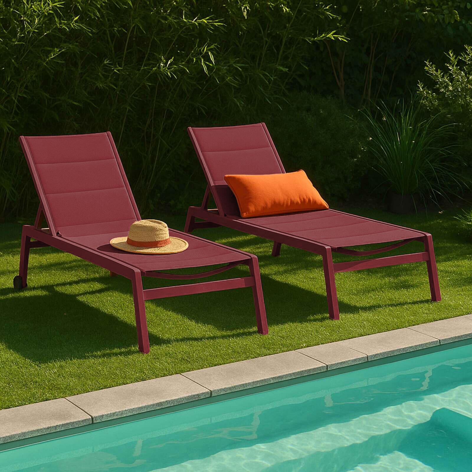 Transats professionnels aluminium et textilène inclinables 5 positions avec roues- Lot de 2