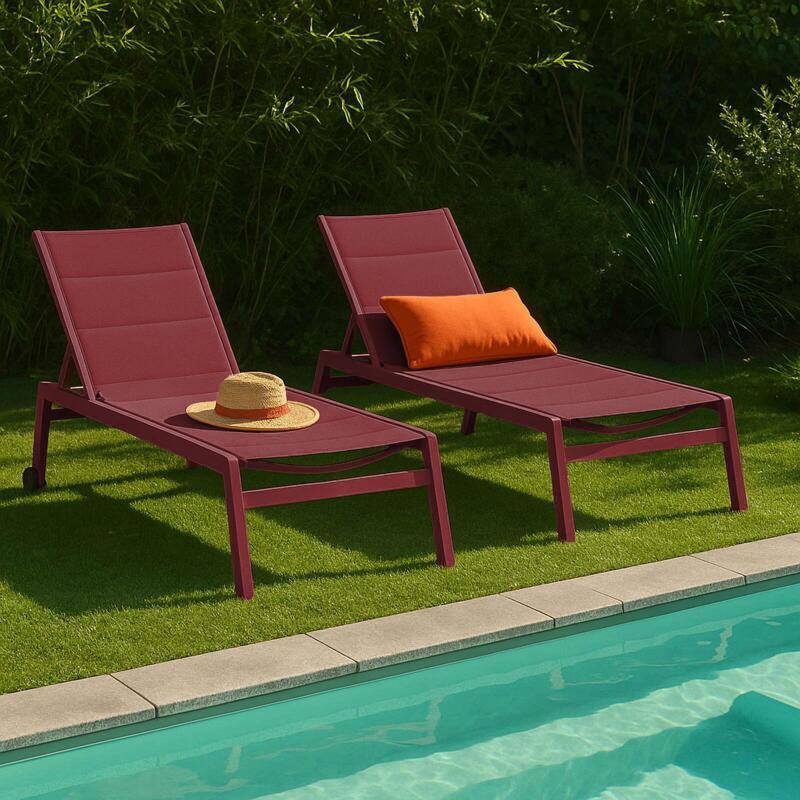 Transats professionnels aluminium et textilène inclinables 5 positions avec roues- Lot de 2