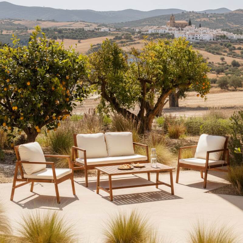 Salon de jardin en bois d'eucalyptus FSC® avec 1 canapé, 2 fauteuils et table basse