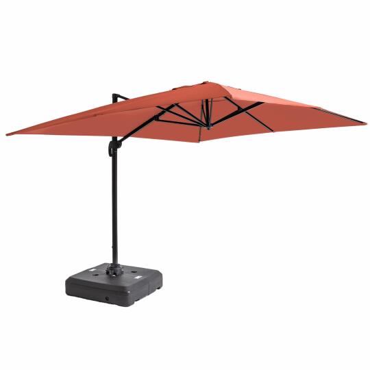 Parasol déporté professionnel 4x3 m rectangulaire inclinable 240g/m² rotatif 360° et dalle à lester sur roues 100L