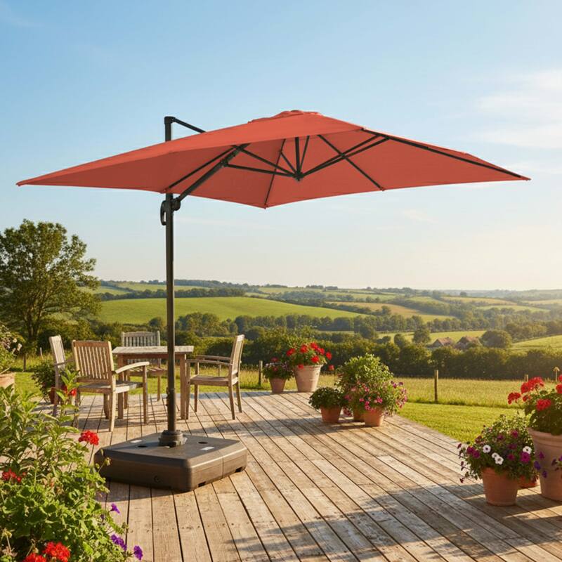 Parasol déporté professionnel 4x3 m rectangulaire inclinable 240g/m² rotatif 360° et dalle à lester sur roues 100L