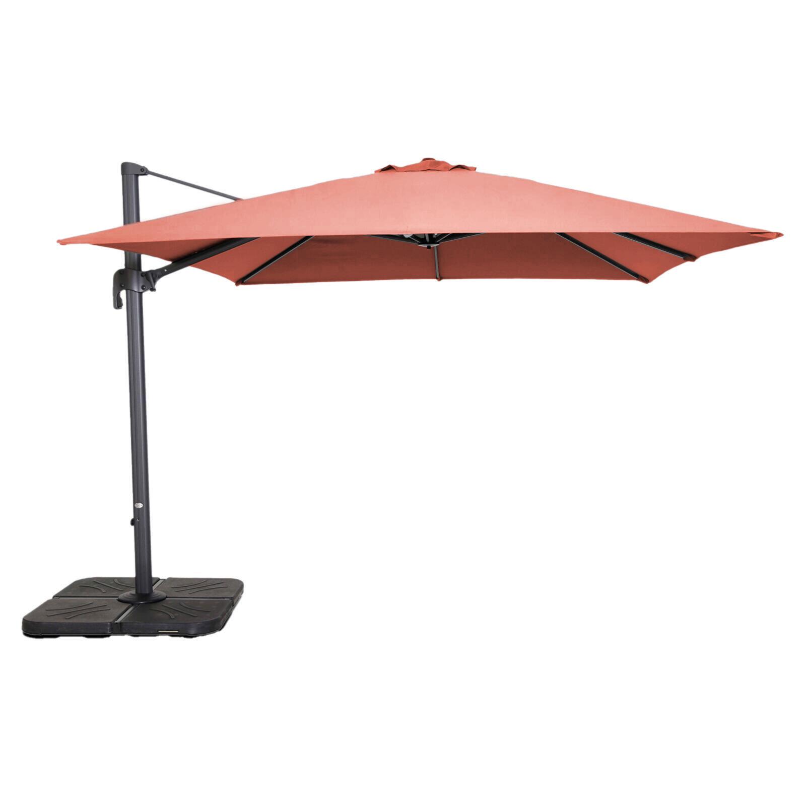 Parasol déporté professionnel 3x3 m carré inclinable 250g/m² rotatif 360° et 4 dalles à lester remplissables