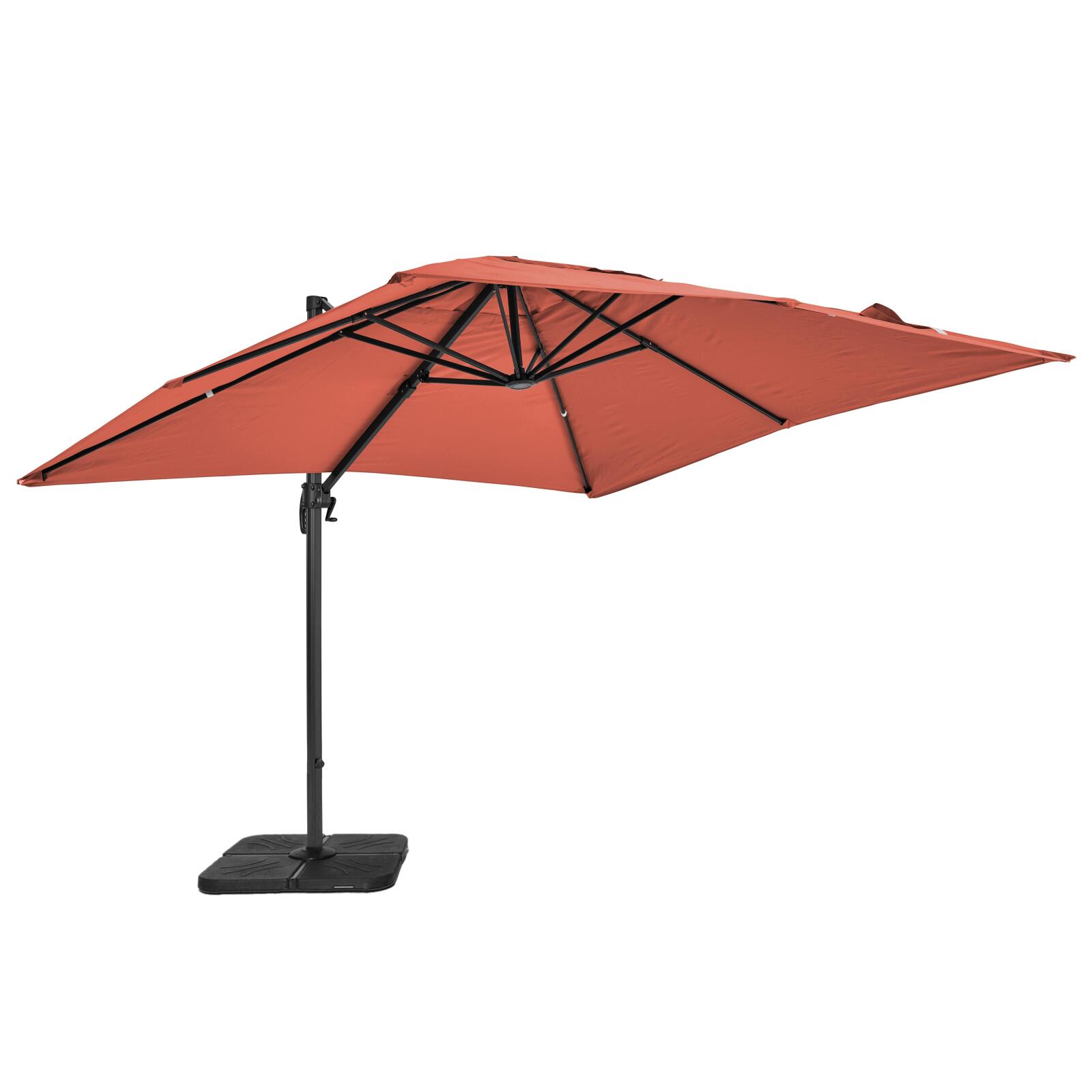 Parasol déporté professionnel 3x3 m carré inclinable 250g/m² rotatif 360° et 4 dalles à lester remplissables