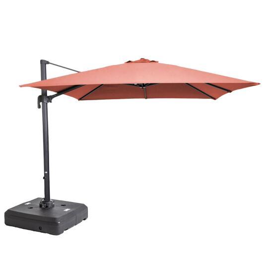 Parasol déporté professionnel 3x3 m carré inclinable 250g/m² rotatif 360° et dalle à lester sur roues 100 L | Mobeventpro