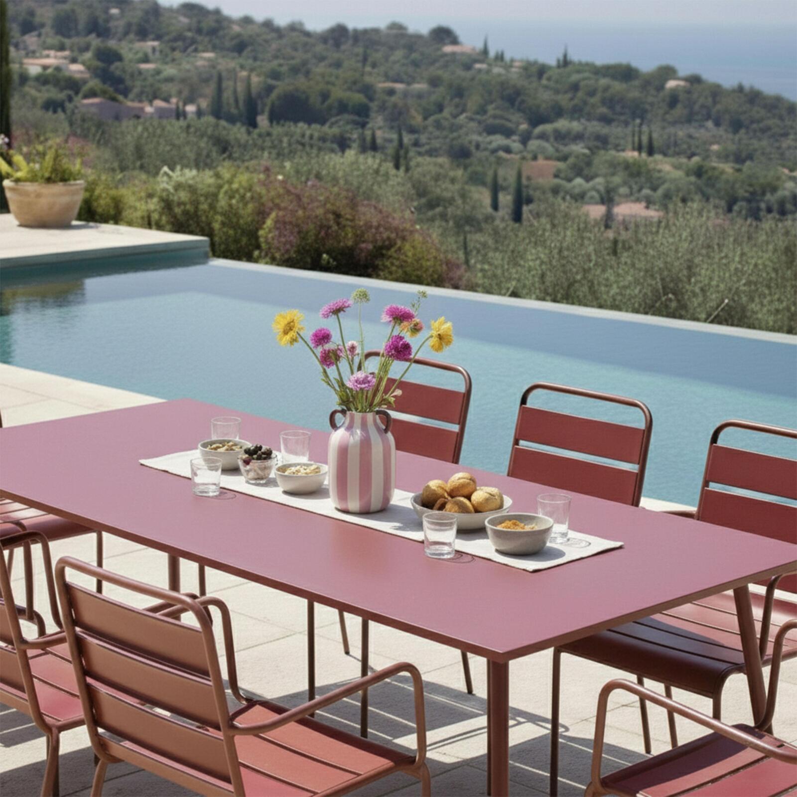 Table de terrasse en métal 180x90 cm et 8 chaises avec accoudoirs