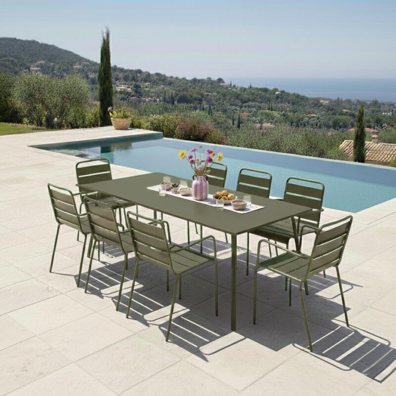 Table de terrasse en métal 180x90 cm et 8 chaises avec accoudoirs
