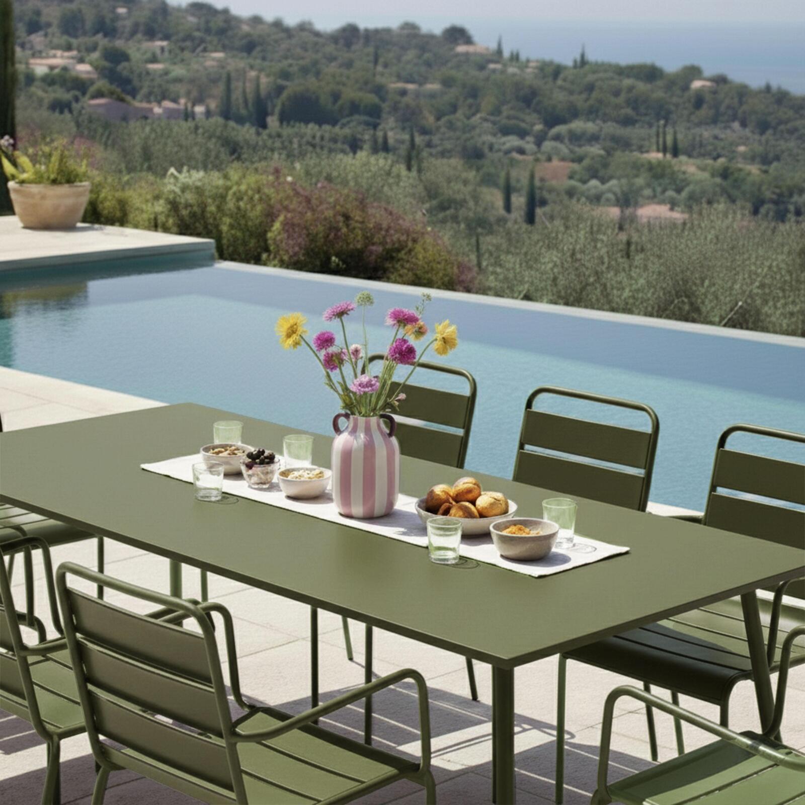 Table de terrasse en métal 180x90 cm et 8 chaises avec accoudoirs