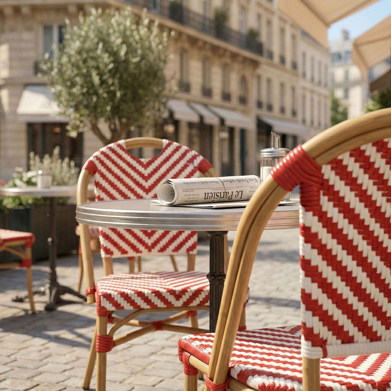 Chaise de jardin bistrot parisien en aluminium et rotin synthétique, motif en chevrons