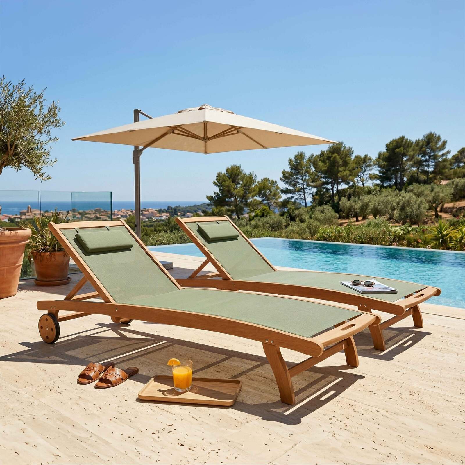 Transats professionnels bois inclinables sur roues - Lot de 2