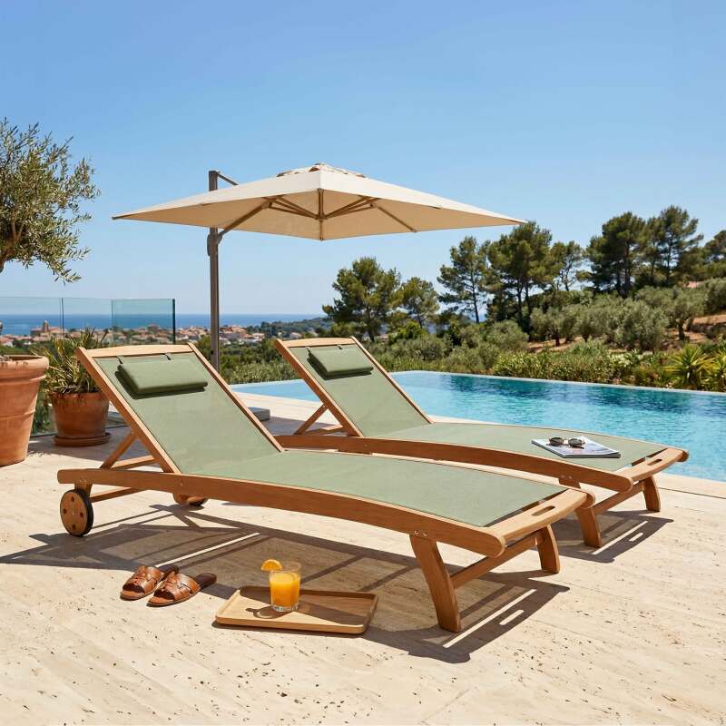 Transats professionnels bois inclinables sur roues - Lot de 2