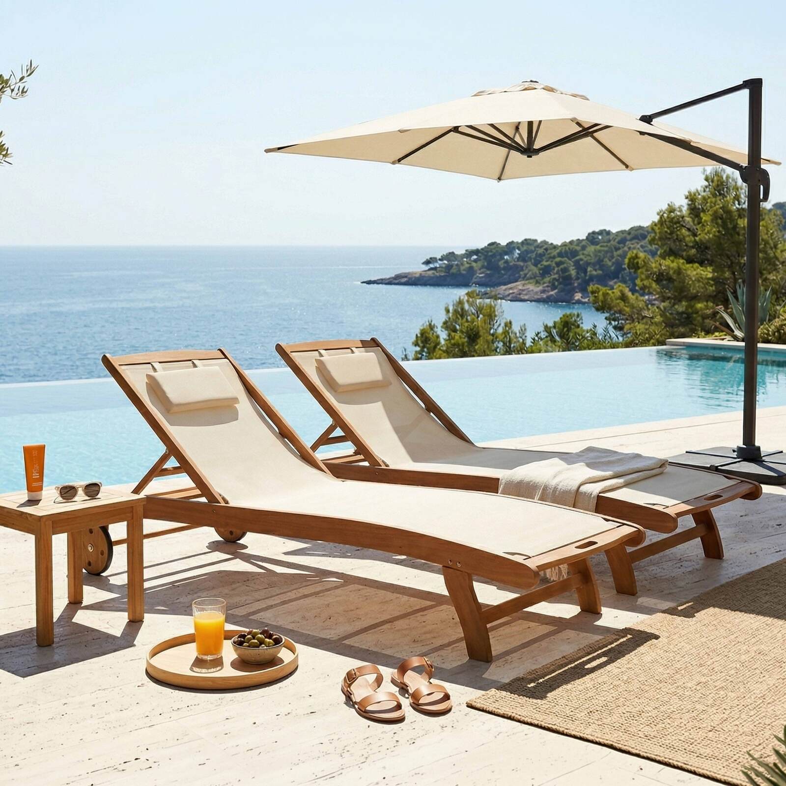 Transats professionnels bois inclinables sur roues - Lot de 2