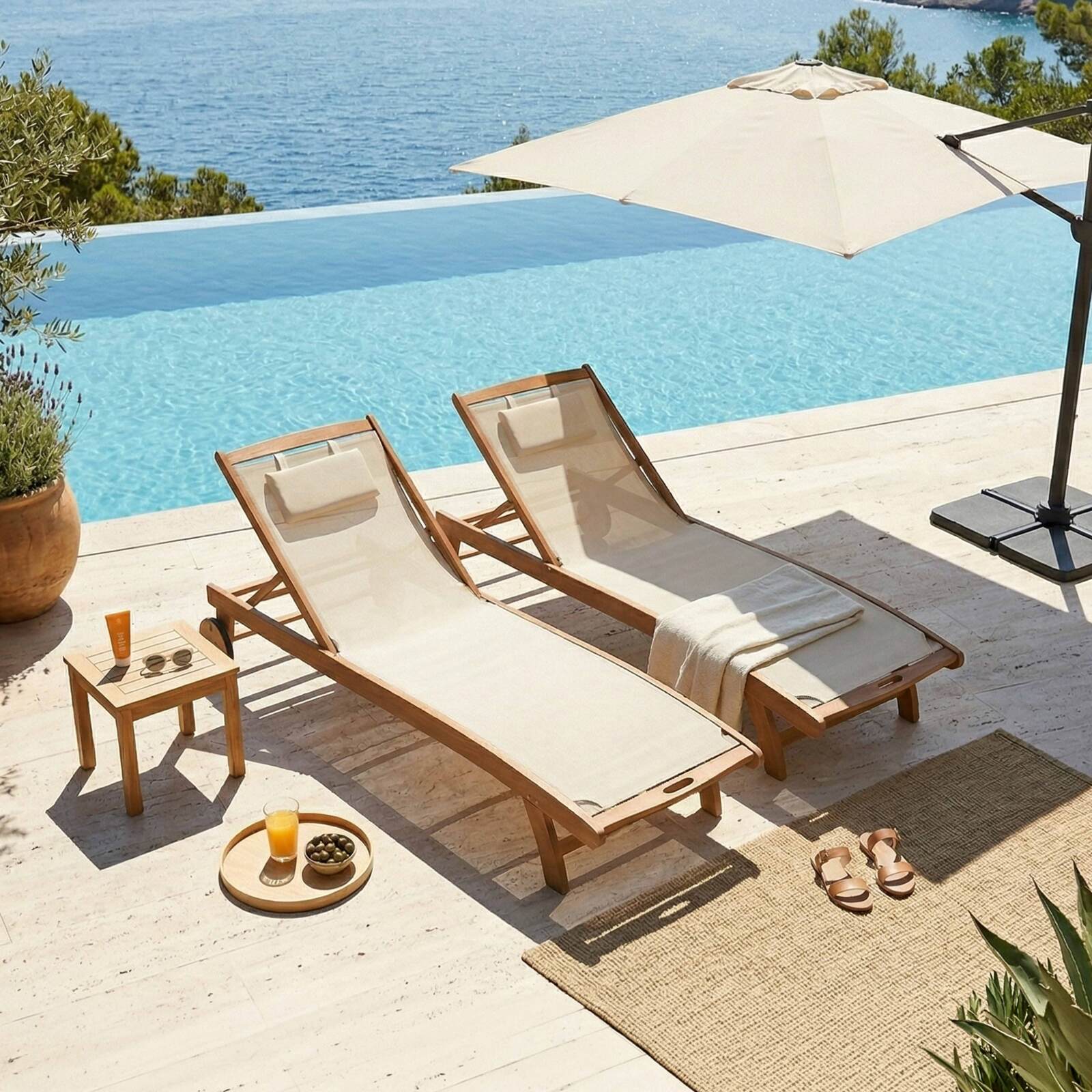 Transats professionnels bois inclinables sur roues - Lot de 2