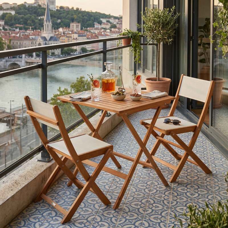 Table de terrasse carrée pliante en bois d'eucalyptus FSC® 70x70 cm et 2 chaises pliantes en textilène