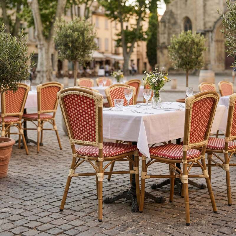 Chaise de jardin bistrot parisien en aluminum et rotin synthétique, motif petits carrés (2/7)
