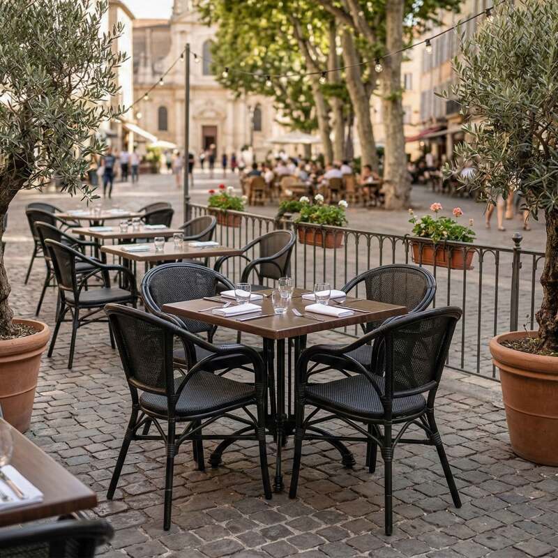 Chaise bistrot parisien en aluminum et rotin synthétique avec accoudoirs - Ambiance