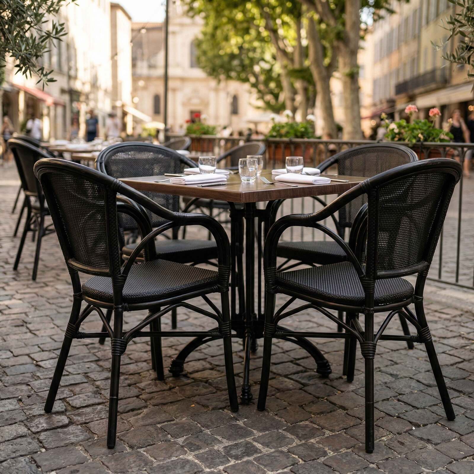 Chaise bistrot parisien en aluminum et rotin synthétique avec accoudoirs