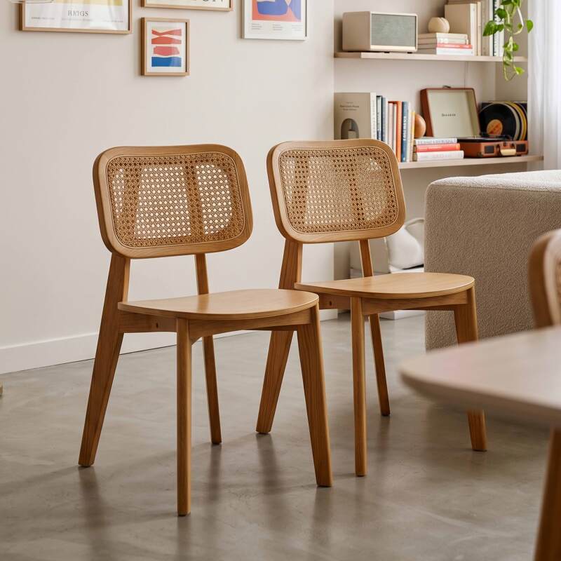 Chaises de restaurant en bois d'orme et rotin naturel avec dossier esprit cannage style vintage - Lot de 2