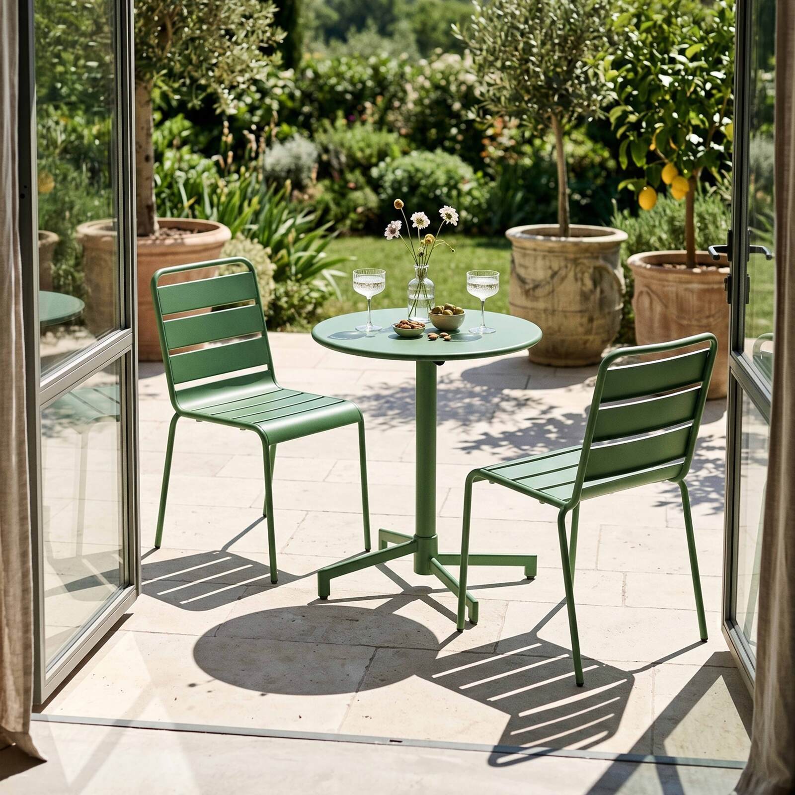 Table de terrasse de restaurant bistrot ronde inclinable en métal avec pied encastrable 70x70 cm et 2 chaises