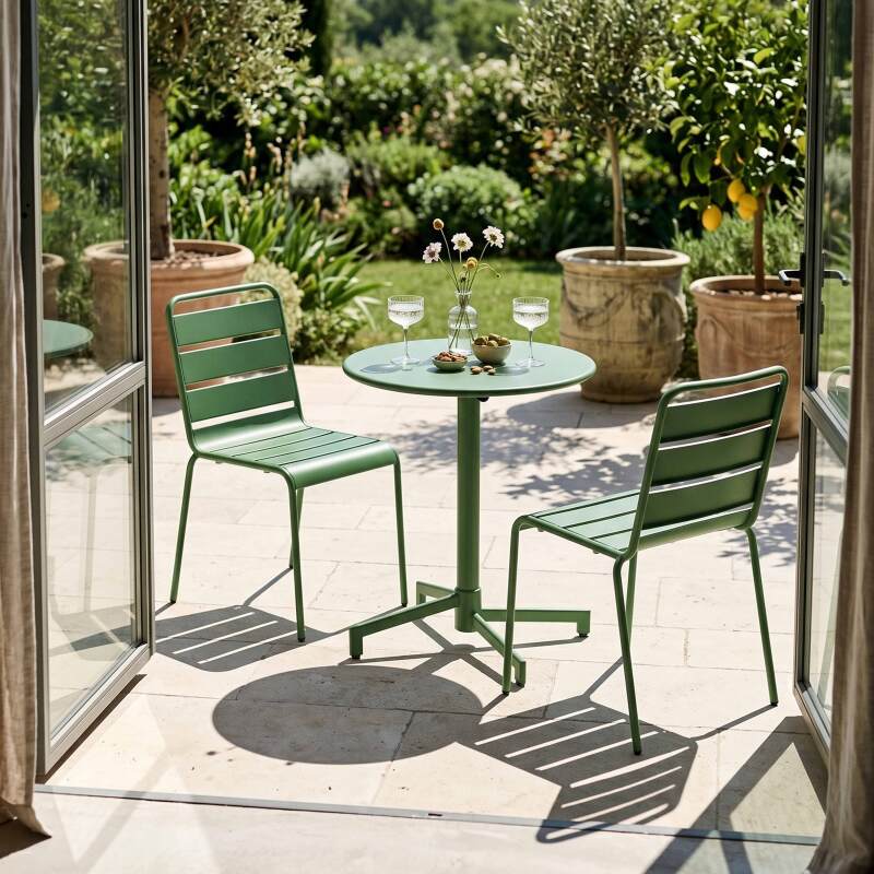 Table de terrasse de restaurant bistrot ronde inclinable en métal avec pied encastrable 70x70 cm et 2 chaises