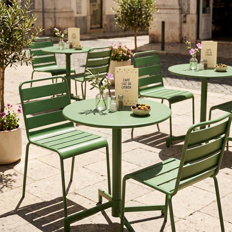 Table de terrasse de restaurant bistrot ronde inclinable en métal avec pied encastrable 70x70 cm et 2 chaises (6/10)