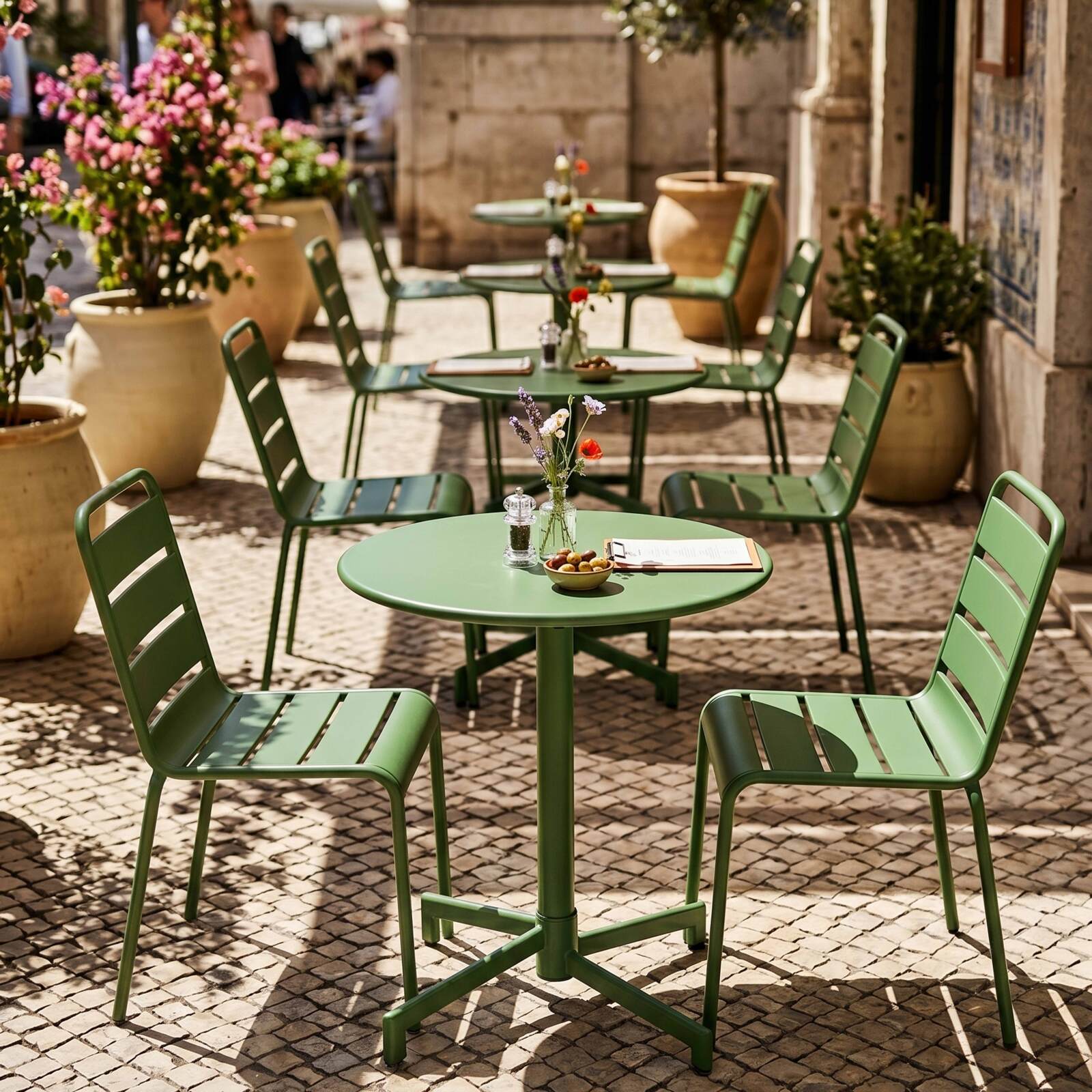 Table de terrasse de restaurant bistrot ronde inclinable en métal avec pied encastrable 70x70 cm et 2 chaises