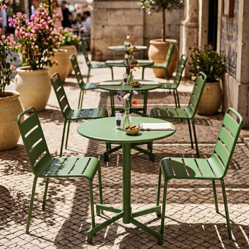 Table de terrasse de restaurant bistrot ronde inclinable en métal avec pied encastrable 70x70 cm et 2 chaises (7/10)
