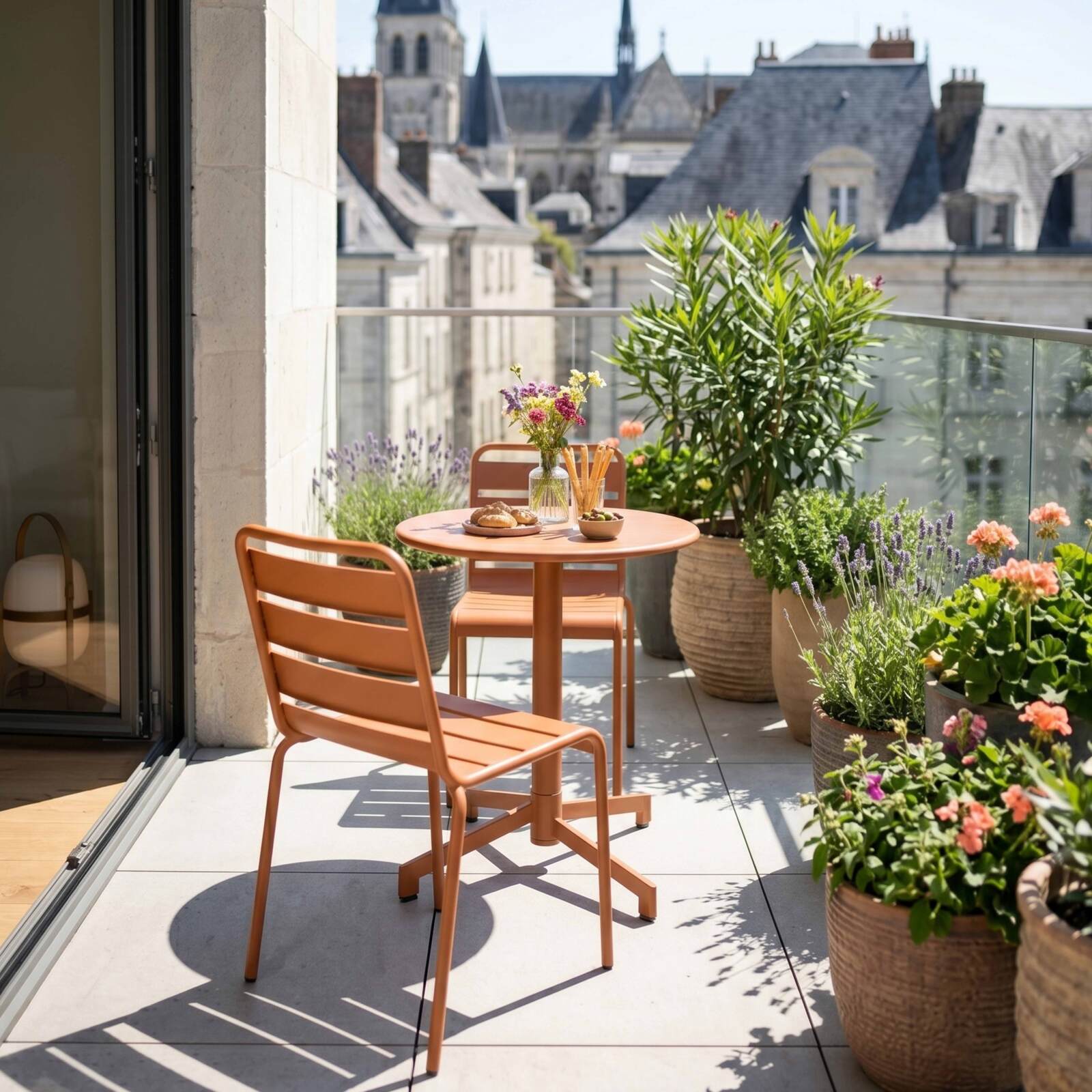 Table de terrasse de restaurant bistrot ronde inclinable en métal avec pied encastrable 70x70 cm et 2 chaises