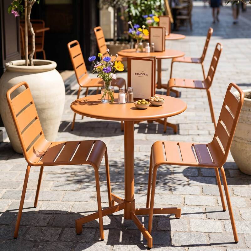 Table de terrasse de restaurant bistrot ronde inclinable en métal avec pied encastrable 70x70 cm et 2 chaises (8/11)