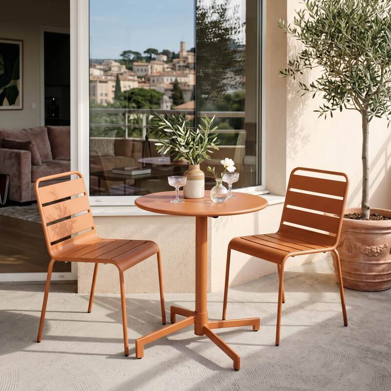 Table de terrasse de restaurant bistrot ronde inclinable en métal avec pied encastrable 70x70 cm et 2 chaises (3/11)