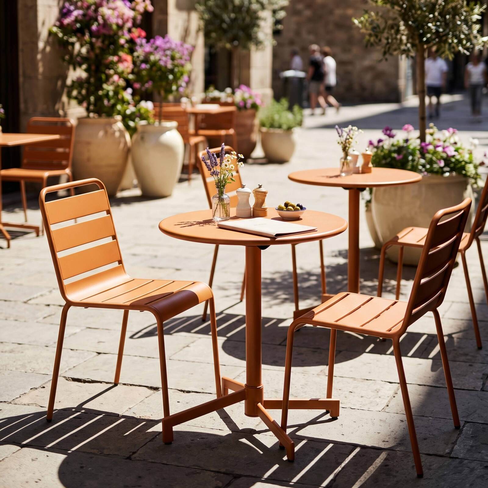 Table de terrasse de restaurant bistrot ronde inclinable en métal avec pied encastrable 70x70 cm et 2 chaises