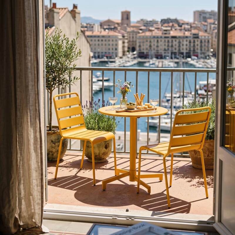 Table de terrasse de restaurant bistrot ronde inclinable en métal avec pied encastrable 70x70 cm et 2 chaises