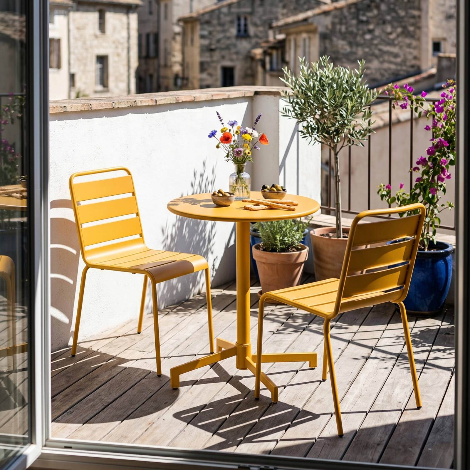 Table de terrasse de restaurant bistrot ronde inclinable en métal avec pied encastrable 70x70 cm et 2 chaises
